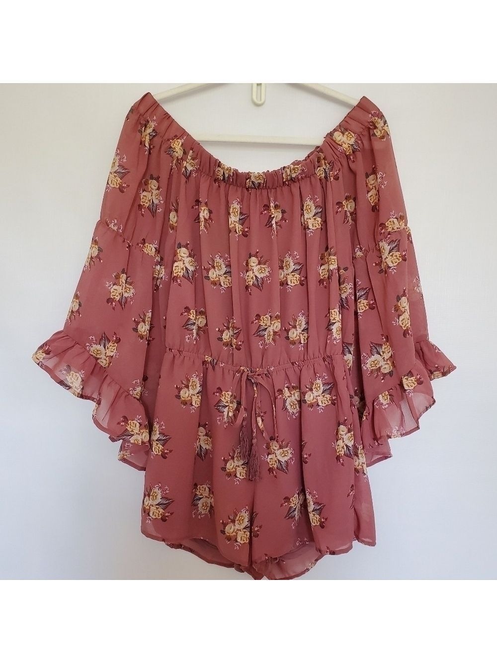 BLUSH ROMPER FLORAL MAUVE OFF SHOULDER BELL RUFFLE SLEEVES ELASTIC WAIST (MED)